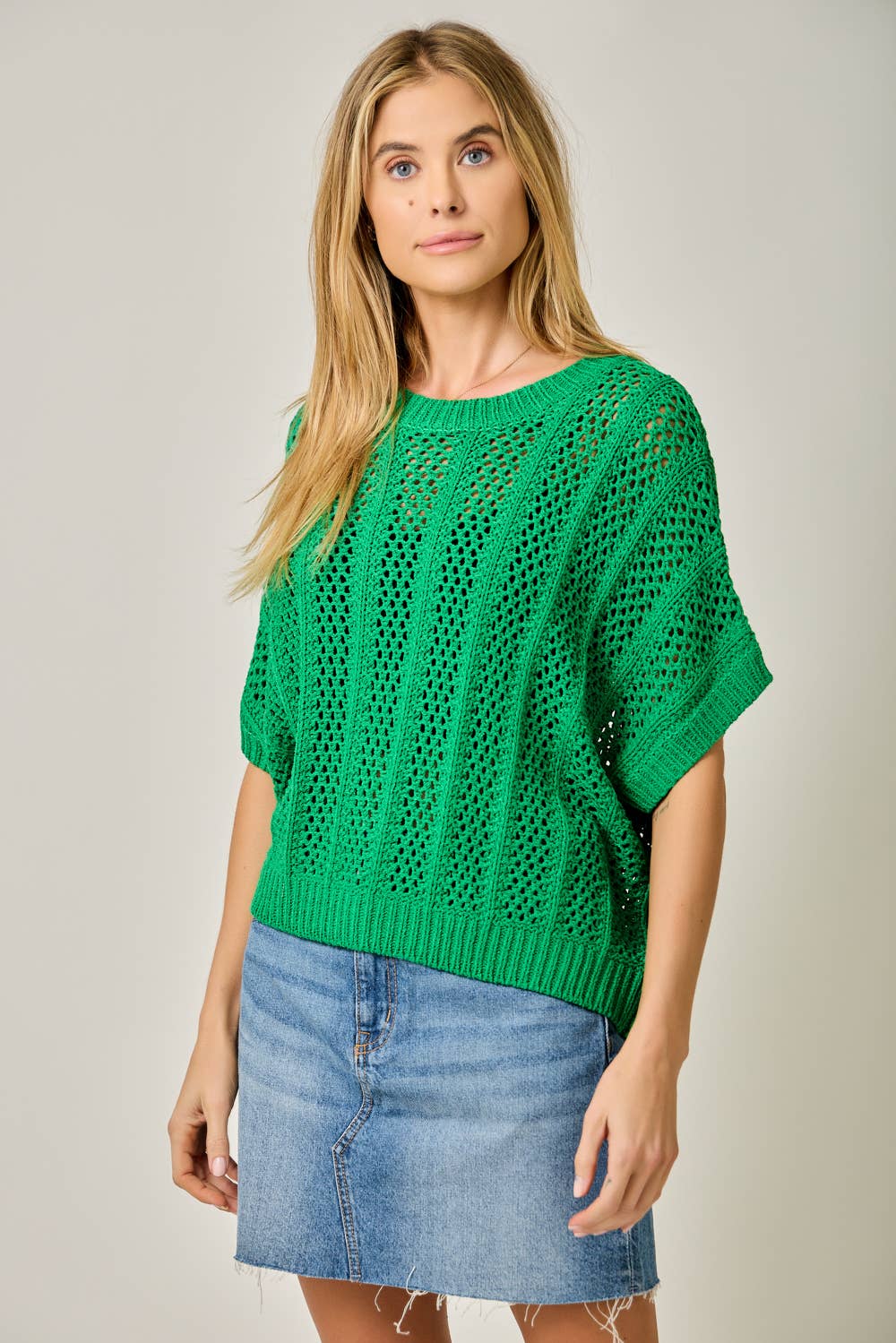 Crochet Short Sleeve Dolman Sweater: Kelly Green