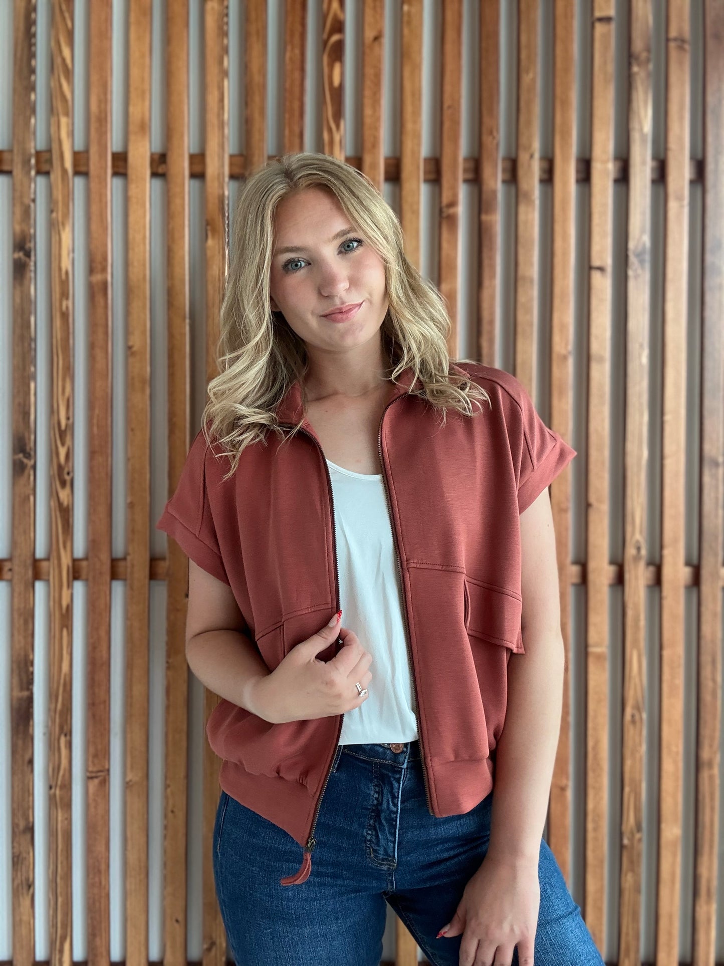 Buttery Soft Modal Flap SS Jacket: Terra Cotta