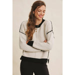 Soft Round Neck and Contrast Detail Sweater - Cream/Black