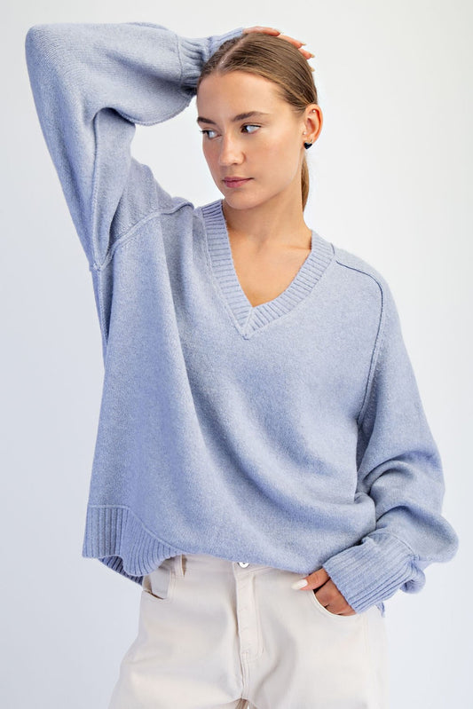 Oversized V-Neck Sweater - Baby Blue