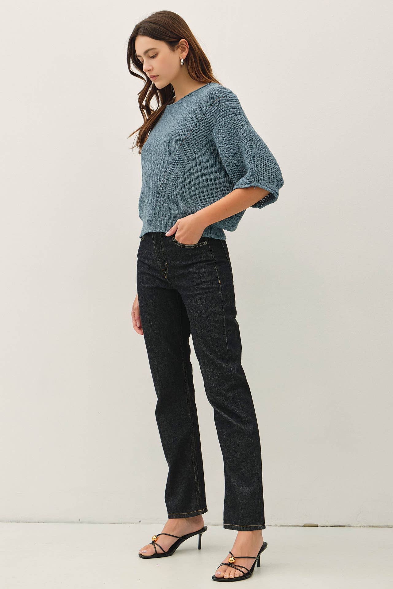POINTELLE DOLMAN SLEEVE SWEATER: TEAL