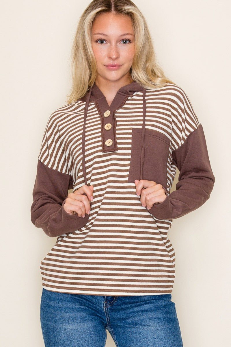 Brown Block Striped Hoodie Top