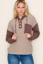 Brown Block Striped Hoodie Top