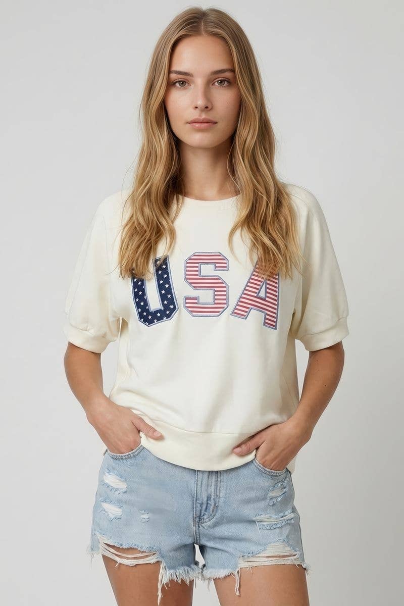 USA Embroidered Short Sleeve Sweatshirt