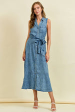 Midi Denim Dres with Tie Belt