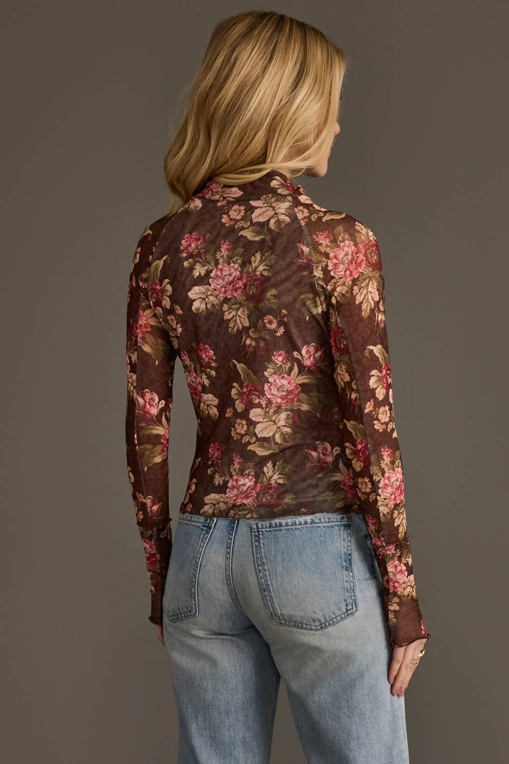 Brown, Cream & Burgundy Floral Mesh Top