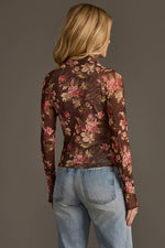 Brown, Cream & Burgundy Floral Mesh Top