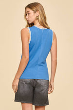 Embroidered Stitching Detail Sleeveless Top - Ocean Blue