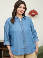 Chambray Collared 3/4 Tab Sleeve Button Down Shirt