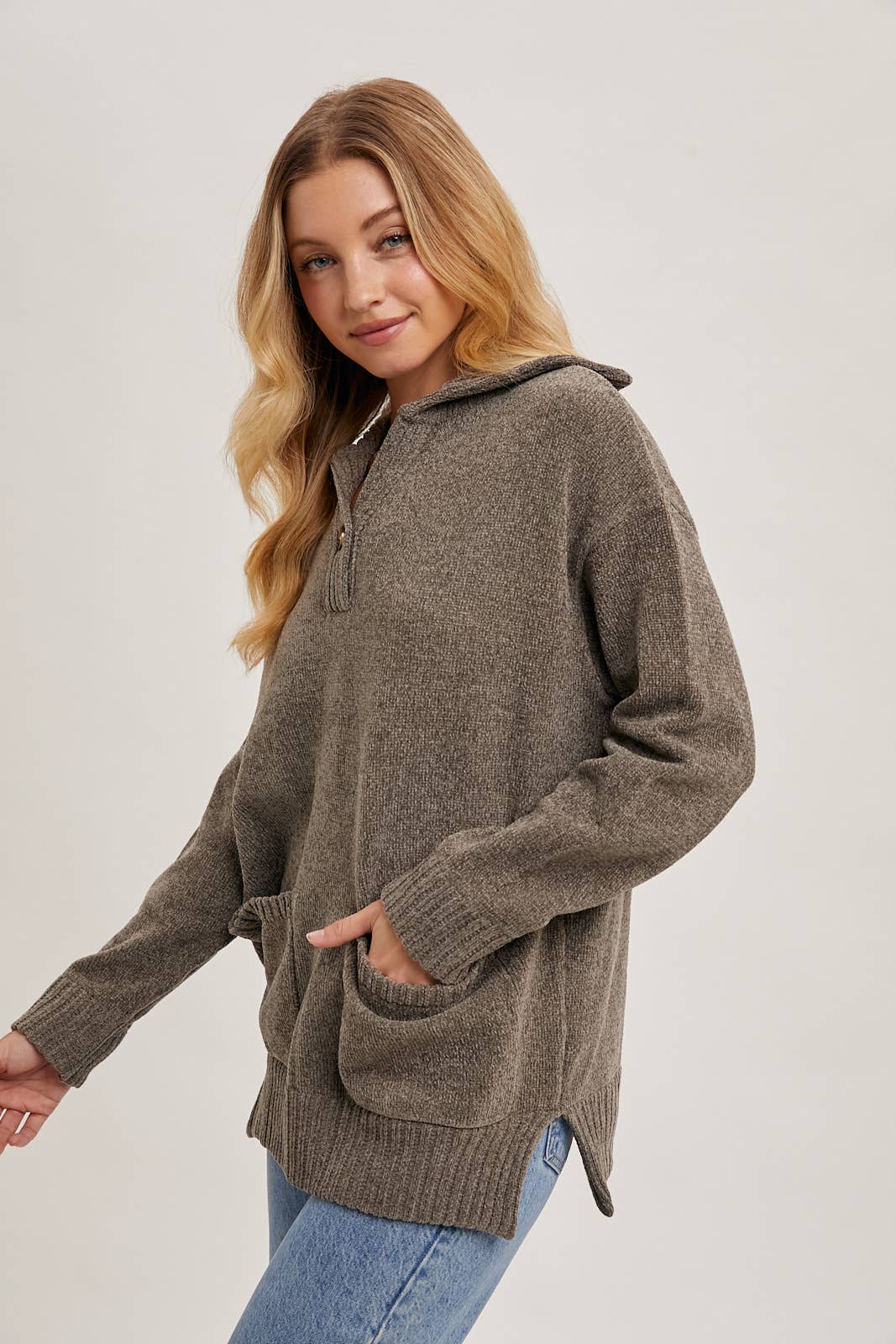 ONE BUTTON FRONT FLAP COLLAR RIBBED KNIT SWEATER PULLOVER