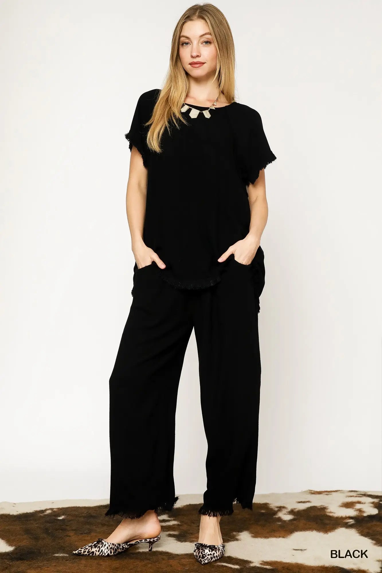 Frayed Hem Wide-Leg Pants