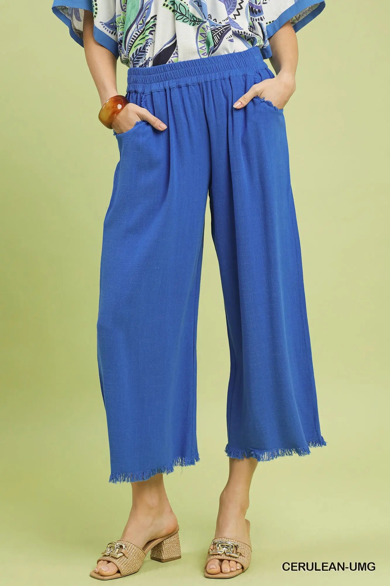 Frayed Hem Wide-Leg Pants - Cerulean