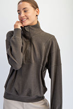 Brushed Rib Quarter Zip Pullover - Olive