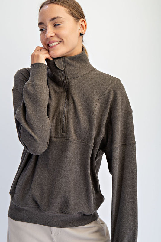 Brushed Rib Quarter Zip Pullover - Olive