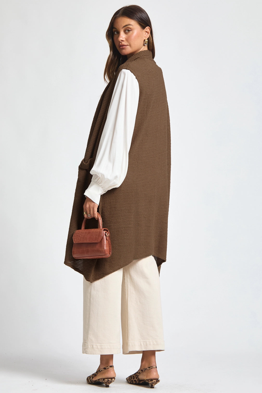 Sleeveless Crochet Midi Vest Cardigan - Mocha