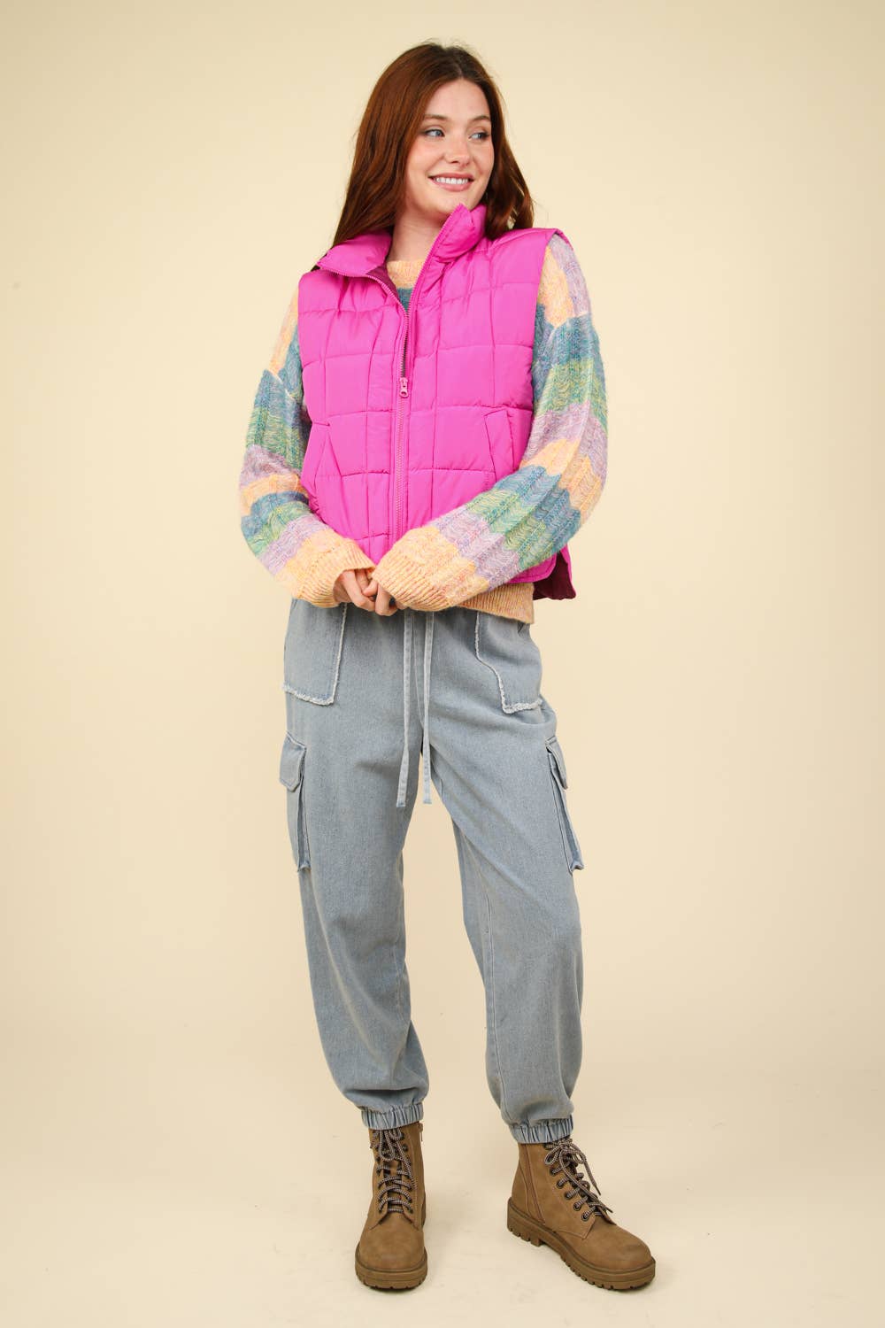 Solid Puffer Padded Warm Vest: Fuchsia