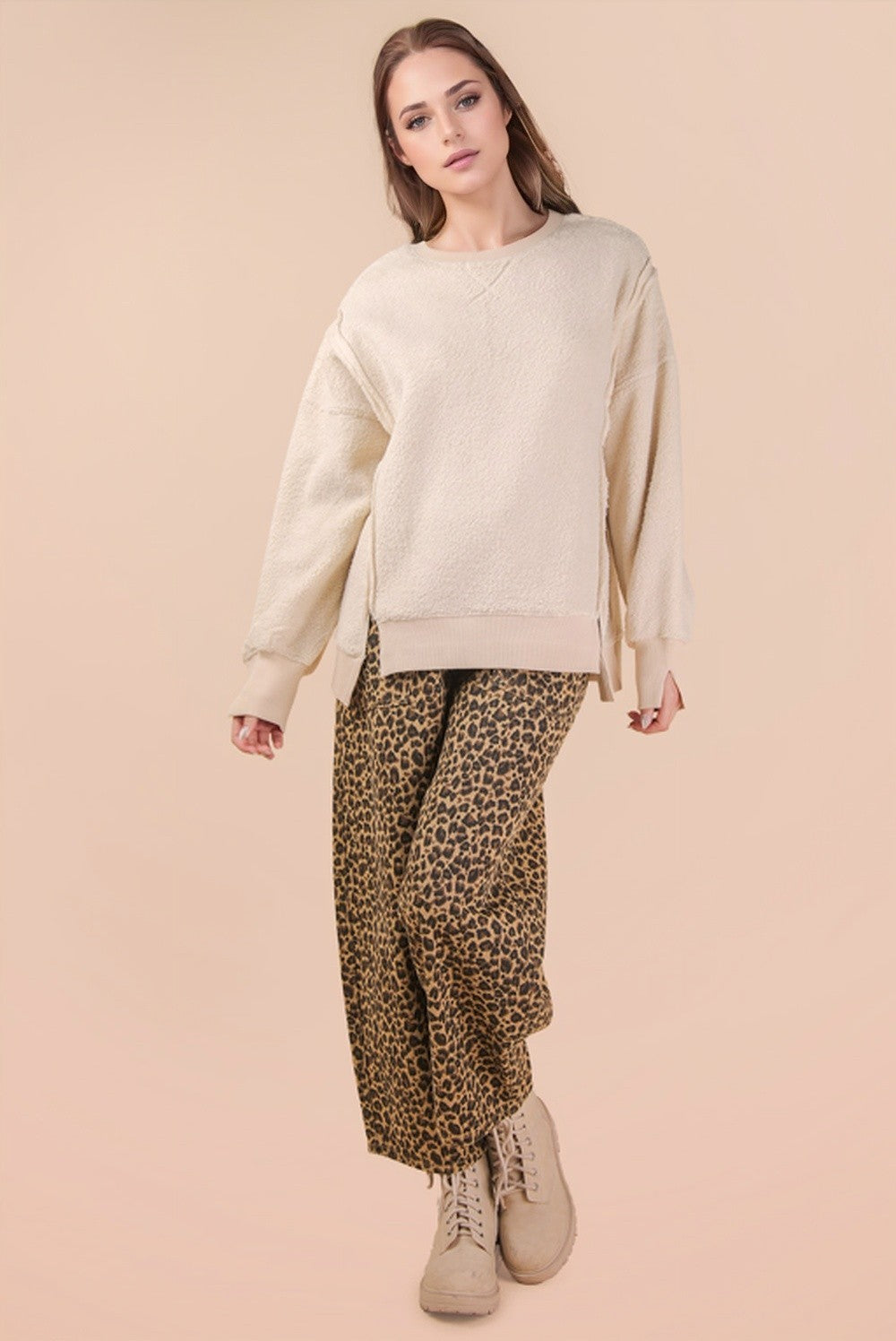 Oversized Casual Solid Fleece Top - Cream