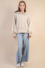 Oversized Half Button Down Waffle Knit Top - Cream