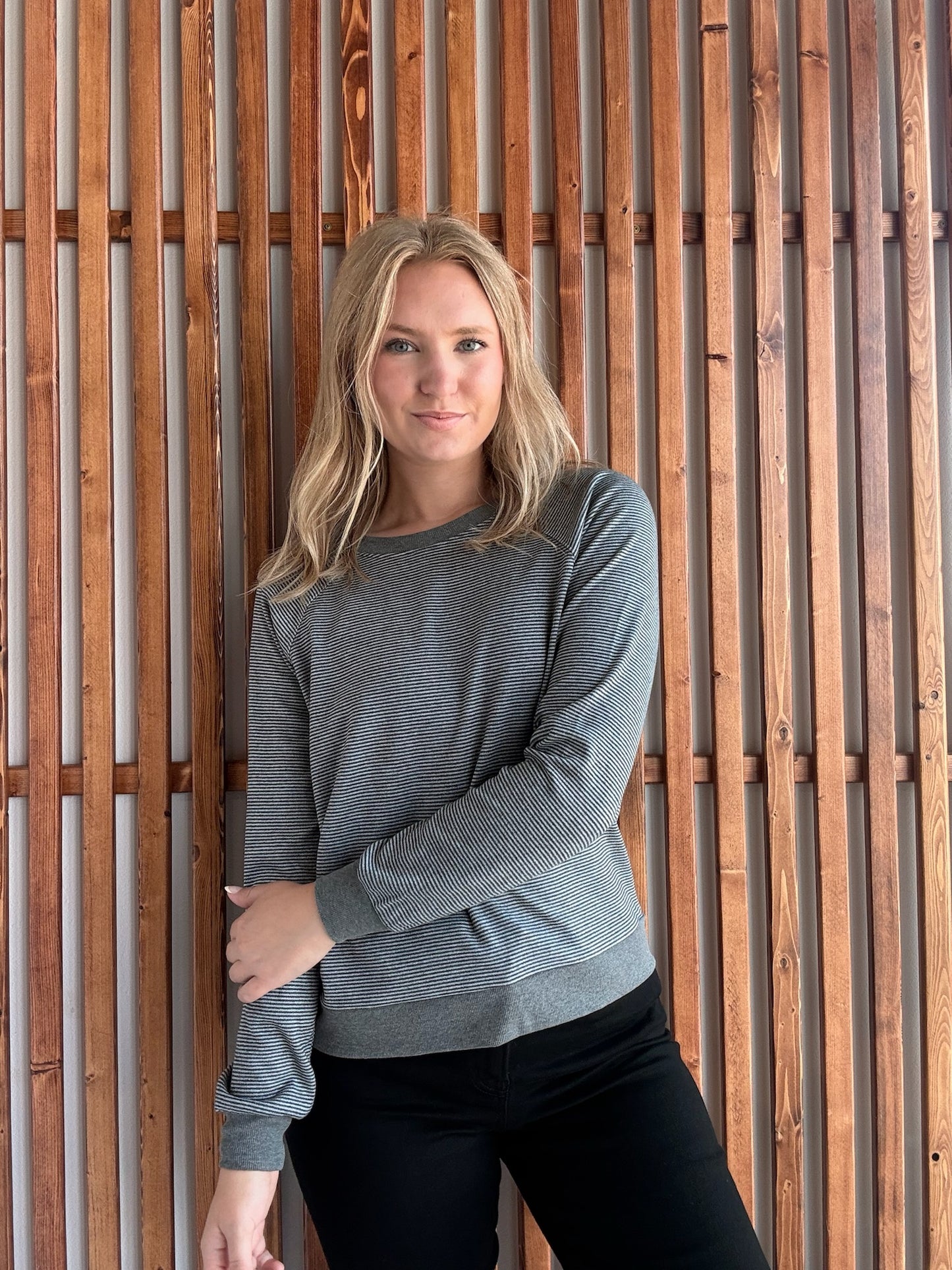 Crew Neck Pinstriped Top- Grey