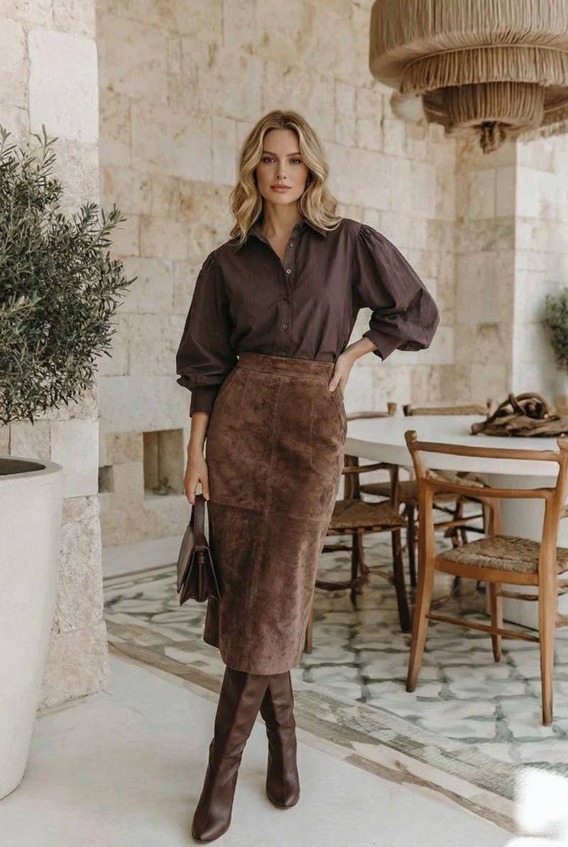 Short Puff Sleeve Button Down Top - Brown