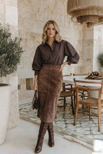 Short Puff Sleeve Button Down Top - Brown