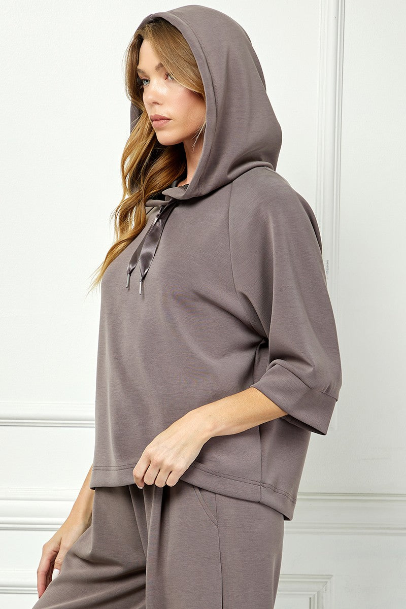 Soft Hooded Top With Satin Tie Detail - Mocha