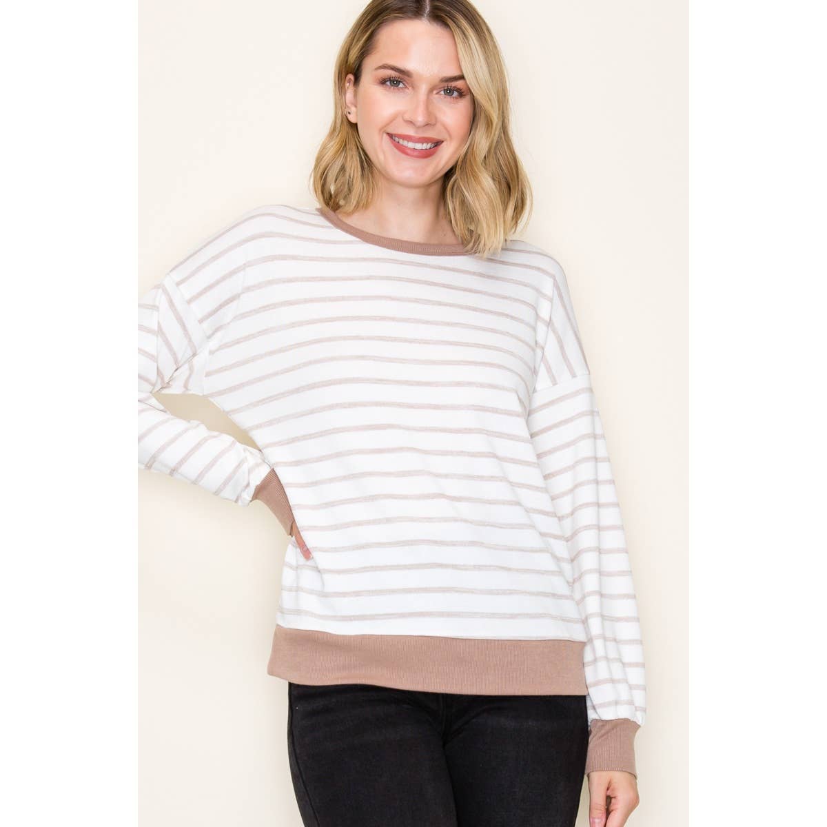 Striped Pullover Knit Top - Taupe