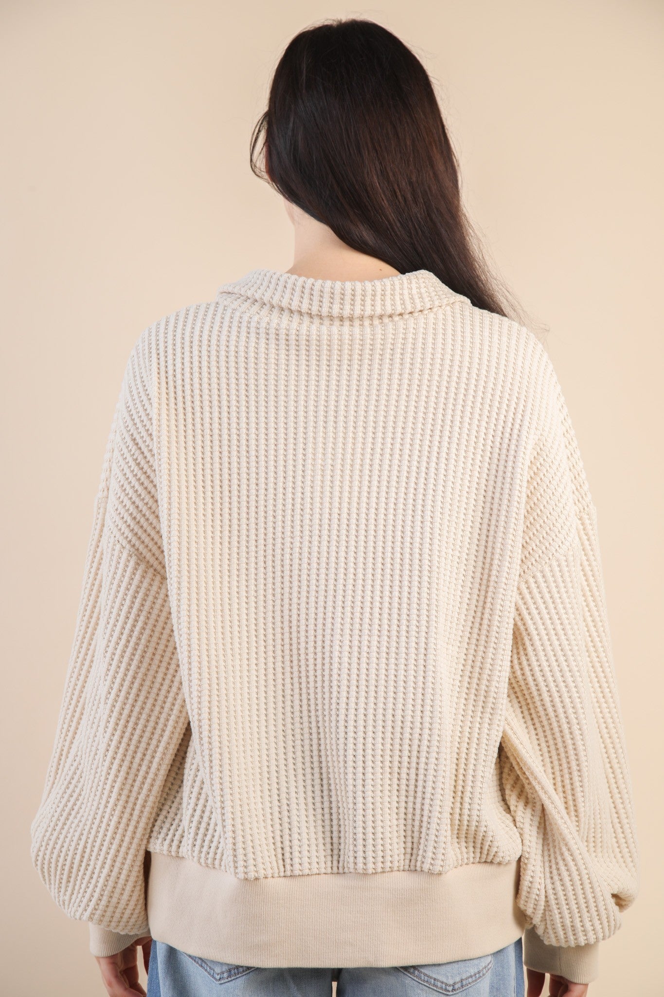 Oversized Half Button Down Waffle Knit Top - Cream