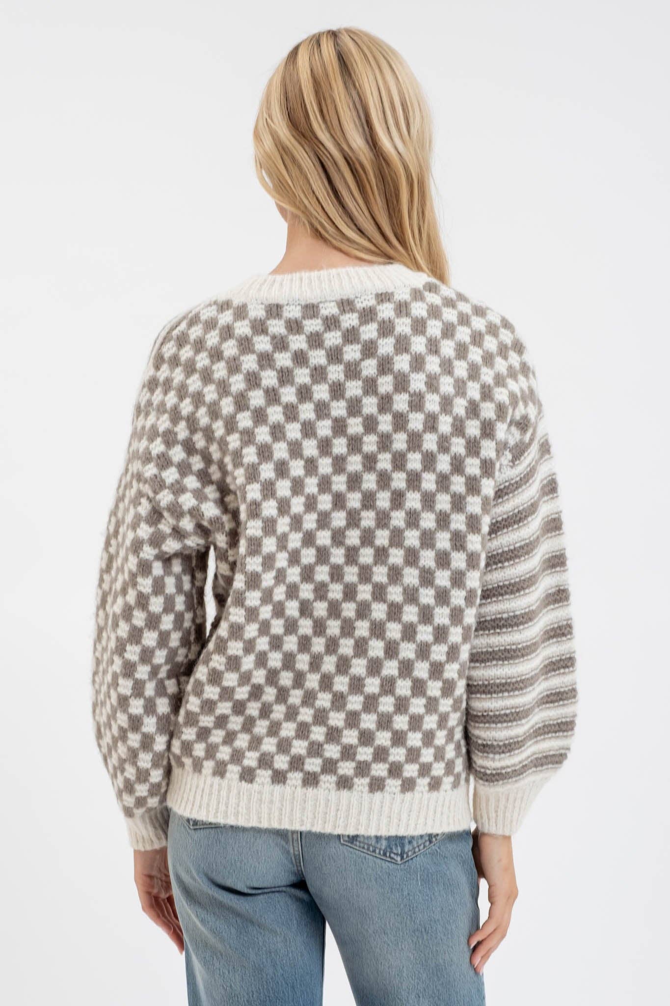 Stripe and Checkered Crewneck Knit Sweater: Olive