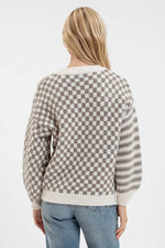 Stripe and Checkered Crewneck Knit Sweater: Olive