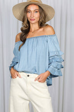 Off The Shoulder 4Tiers Ruffle Sleeve Chambray Top