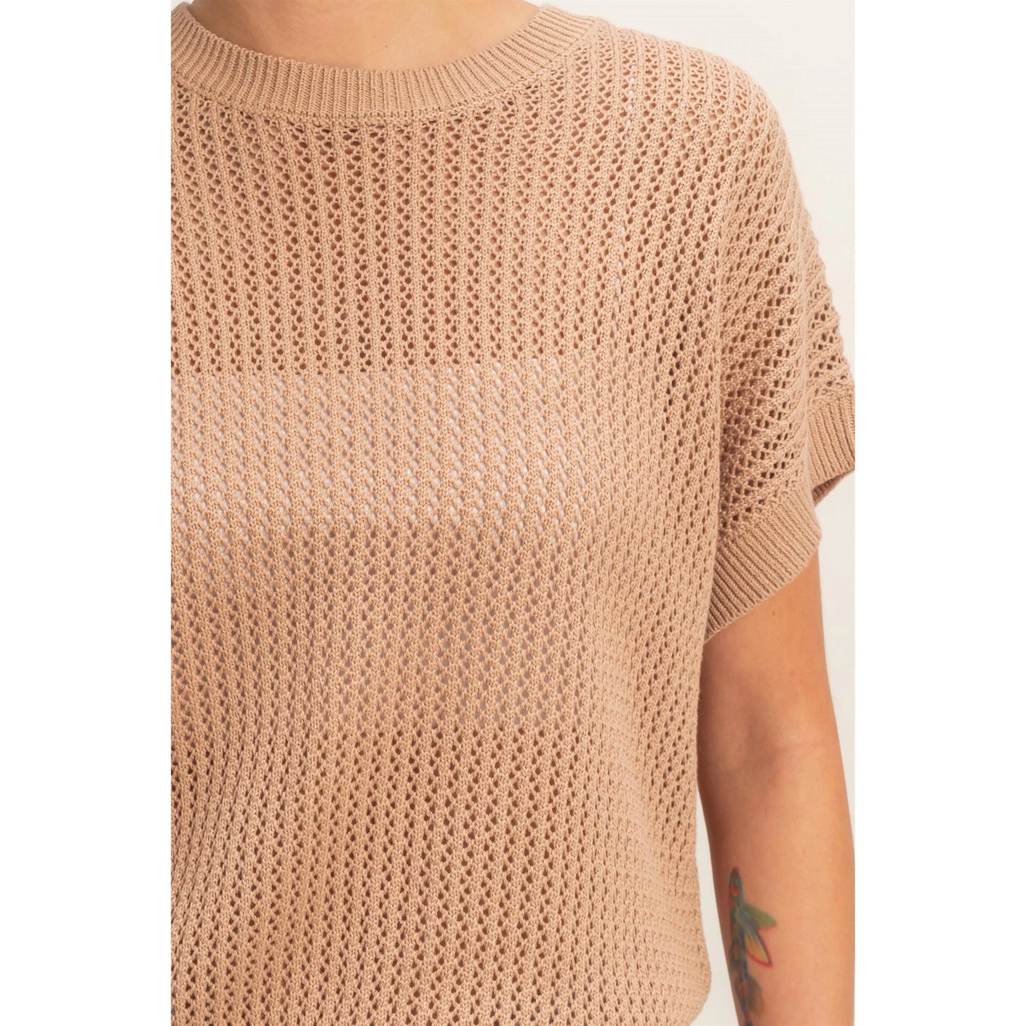 Open-Knit Dolman Sleeve Top - Dark Taupe