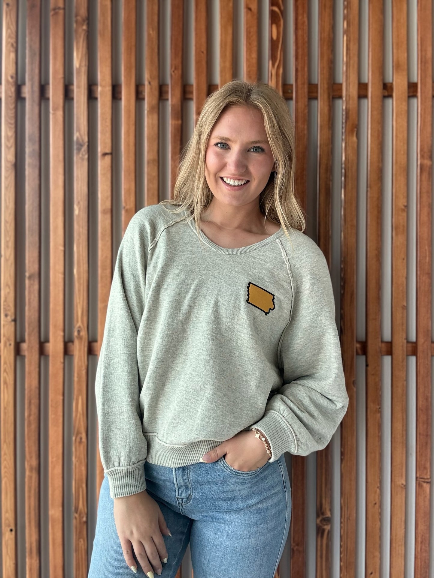 Iowa Shape Embroidered V-Neck Soft Sweatshirt: Oatmeal