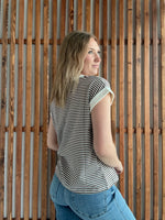 Stripe Contrast Trim Rib Banded Top - Brown