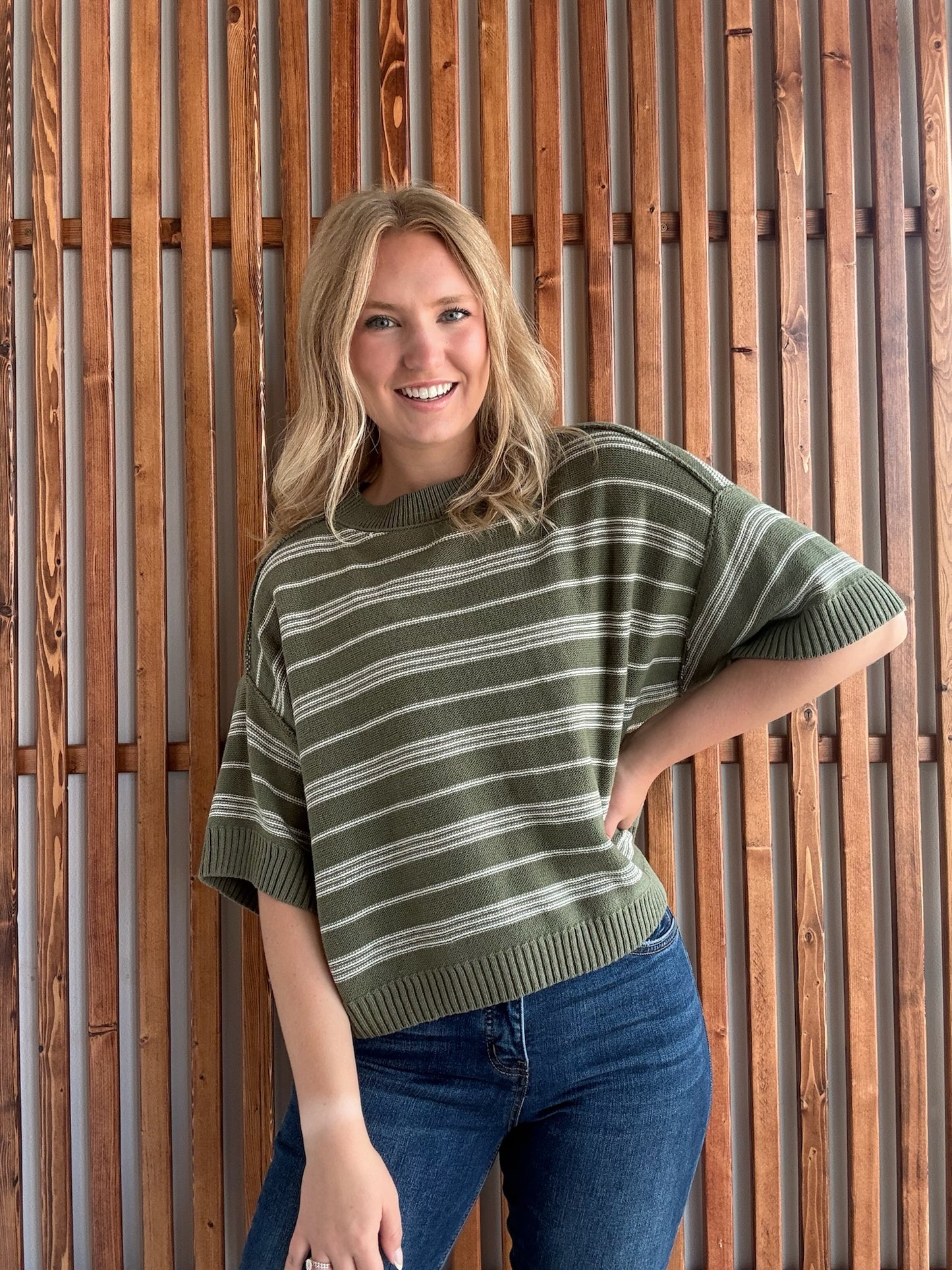 Striped Drop Sleeve in Olive/Cream