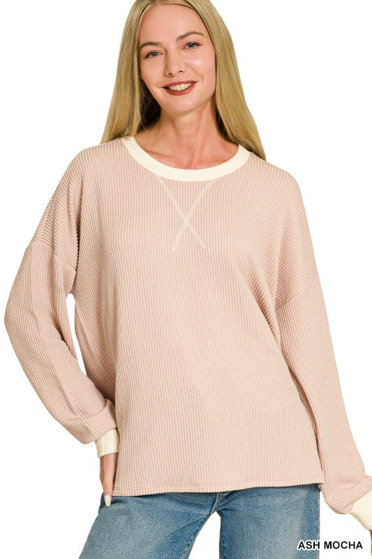 Ribbed LS with Contrast Trim: Ash Mocha