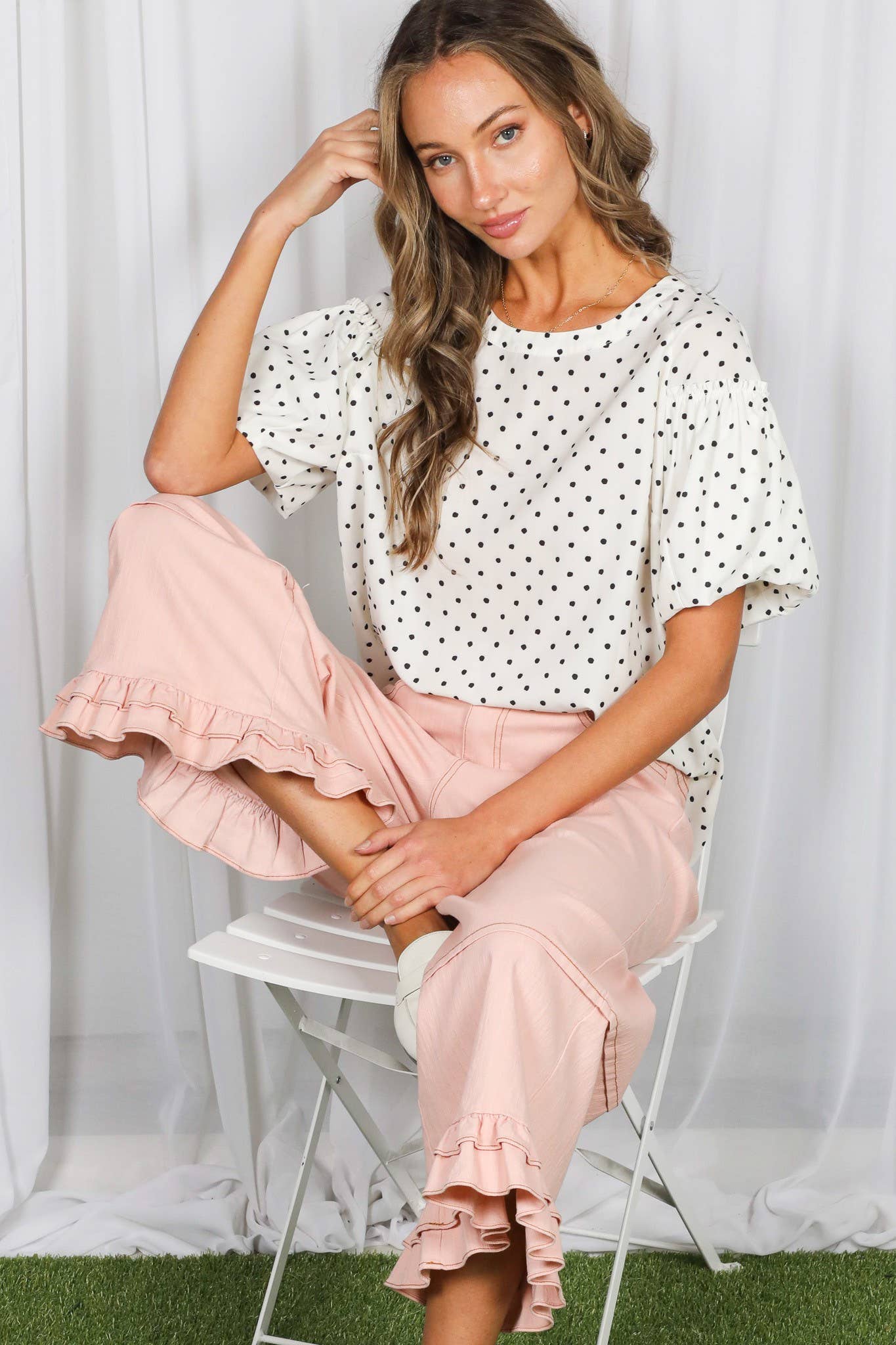Swiss Dot Printed Short Puff Sleeves Blouse Top - Cream