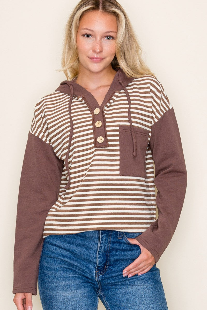 Brown Block Striped Hoodie Top