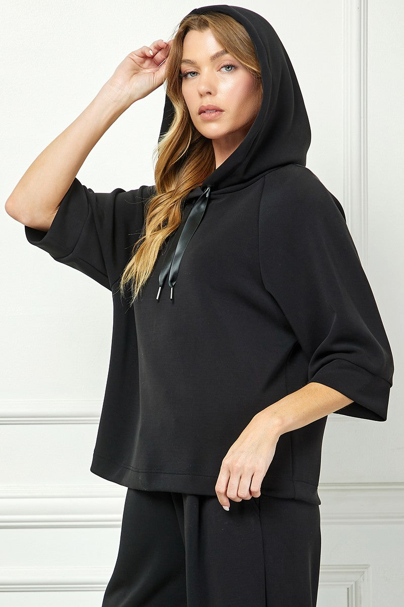 Soft Hooded Top With Satin Tie Detail - Black