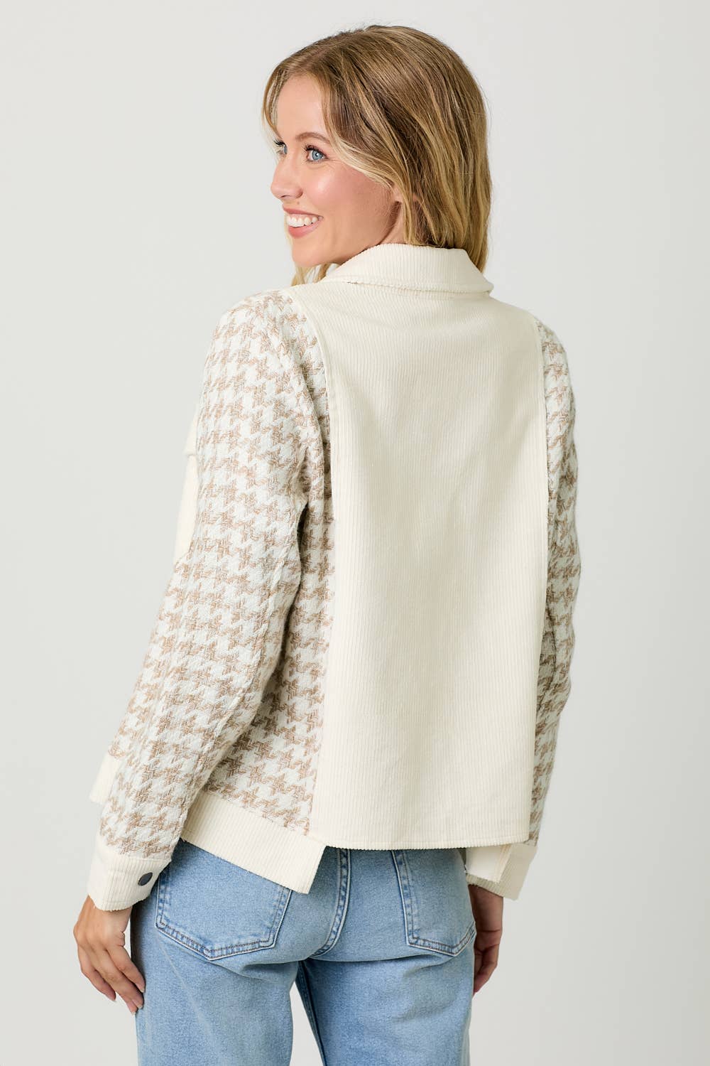 Houndstooth Sleeve Corduroy Jacket: Ivory/Oat