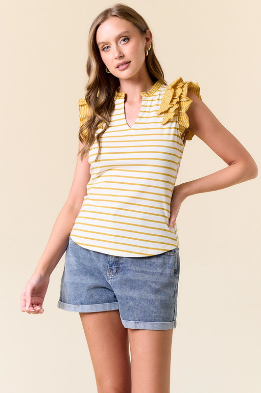 Honey Stripe Mixed Split V-Neck Ruffled Tank