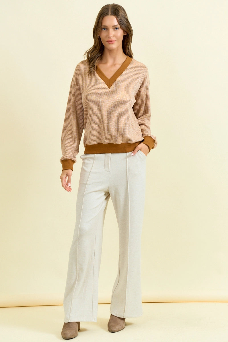 Oversized Vertical Stripe Two-Tone Ribbed Top - Camel