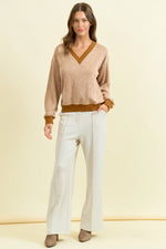 Oversized Vertical Stripe Two-Tone Ribbed Top - Camel