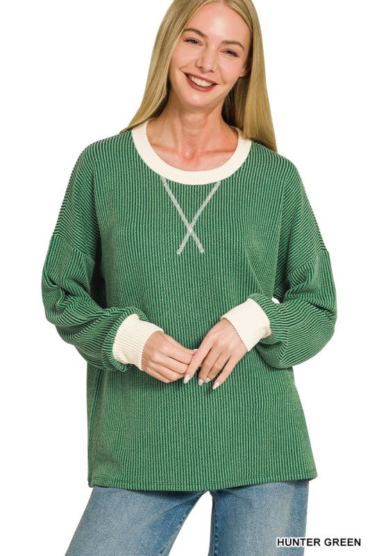 Ribbed LS with Contrast Trim: Green
