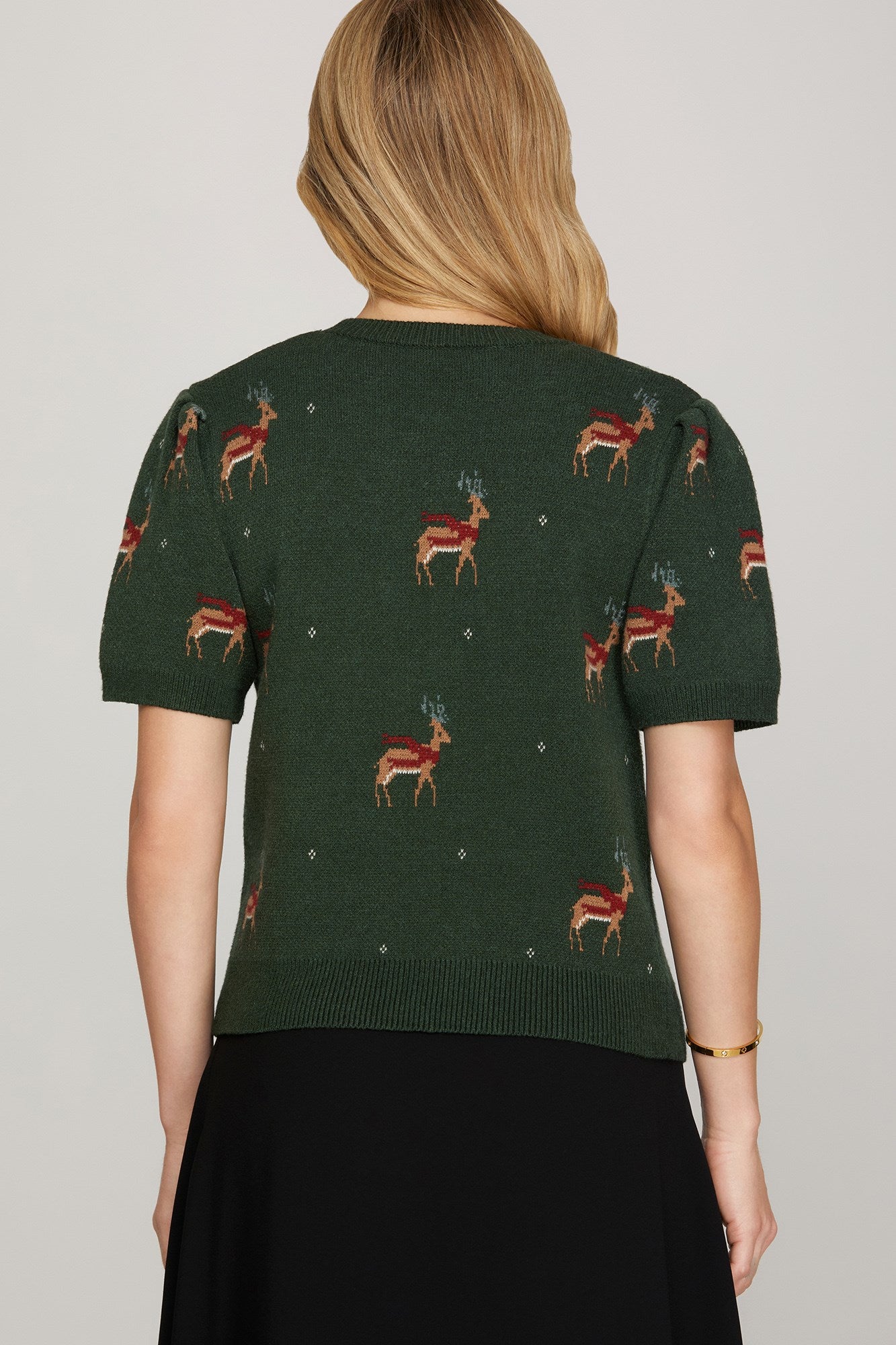 Reindeer Print Short Puff Sleeve Sweater - Dark Green