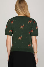 Reindeer Print Short Puff Sleeve Sweater - Dark Green