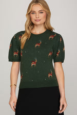 Reindeer Print Short Puff Sleeve Sweater - Dark Green