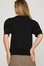 Short Puff Sleeve Ruffled Neck Sweater - Black