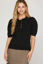 Short Puff Sleeve Ruffled Neck Sweater - Black