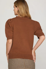 Short Puff Sleeve Ruffled Neck Sweater - Cinnamon